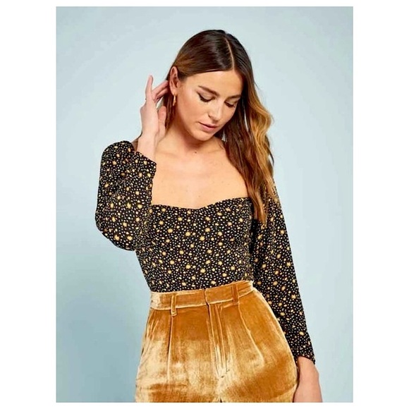 REFORMATION Daisy Dot Print Crepe Square Neck Smocked Back Long Sleeve Top 0 - Picture 5 of 6